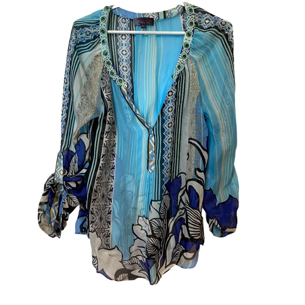 Halle Bob sheer blouse can be used as a swimsuit coverup size M